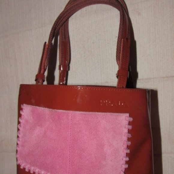 Prada Vintage Red Patent Leather And Pink Suede Designer Satchel Purse - Picture 6 of 11